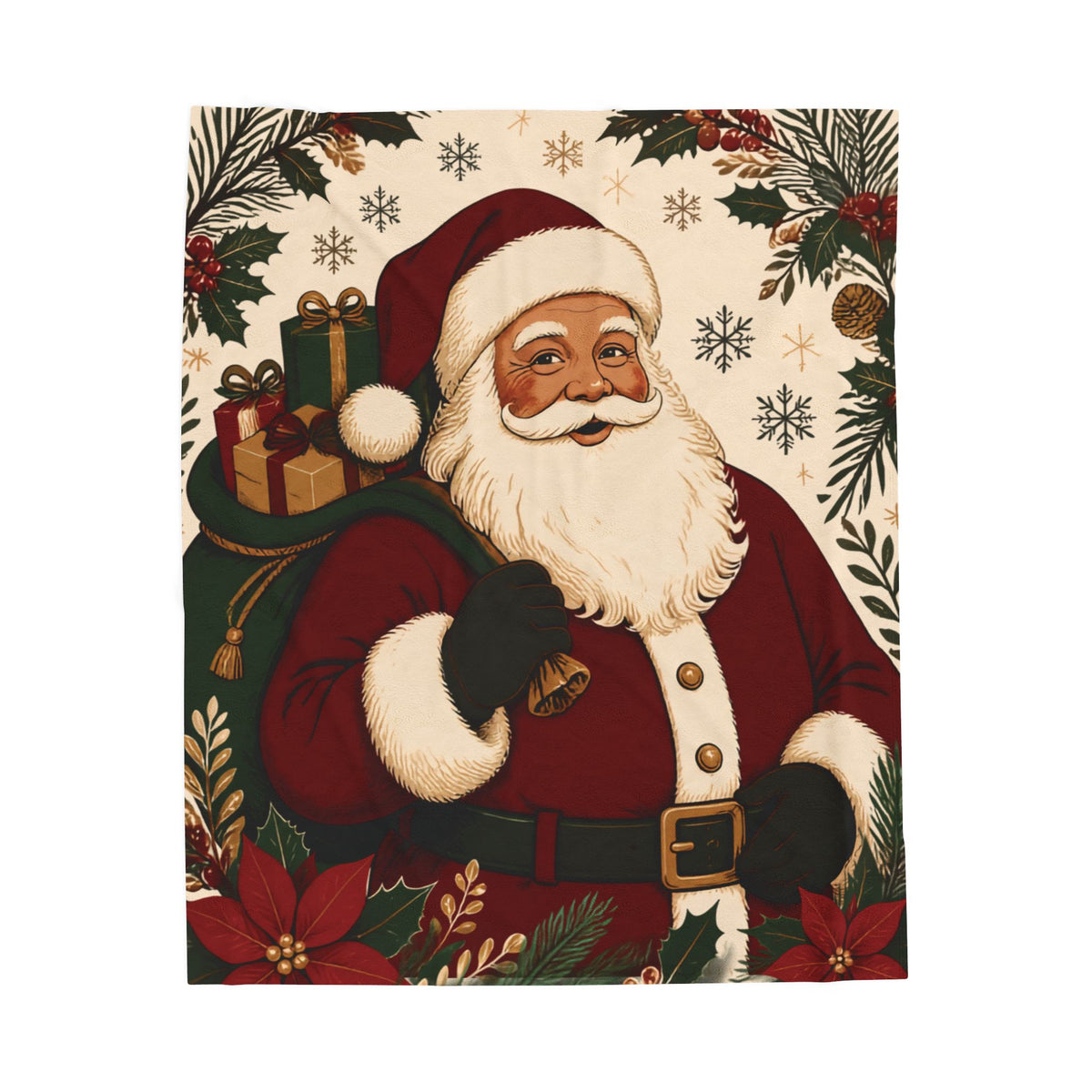 Vintage Santa Velveteen Plush Blanket — Retro Christmas Throw with Santa & Poinsettias