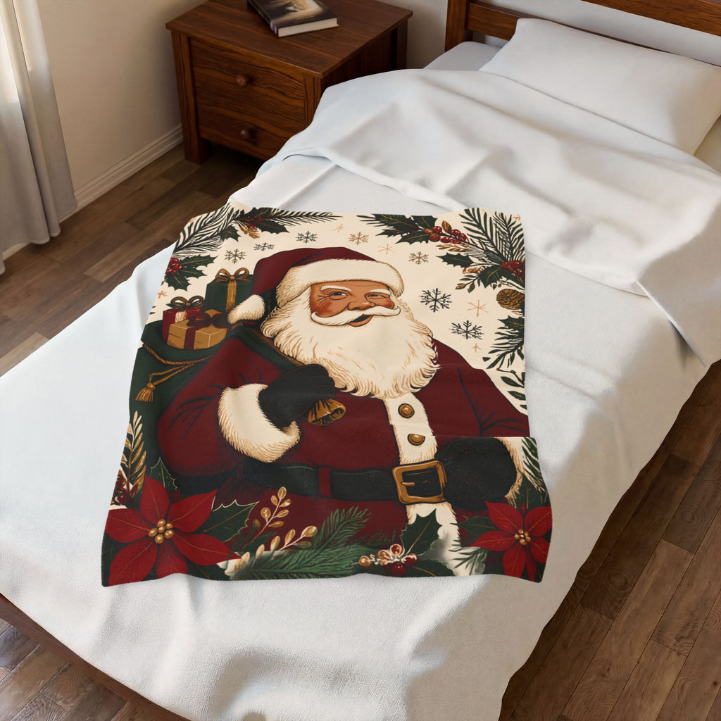 Vintage Santa Velveteen Plush Blanket — Retro Christmas Throw with Santa & Poinsettias