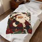 Vintage Santa Velveteen Plush Blanket — Retro Christmas Throw with Santa & Poinsettias