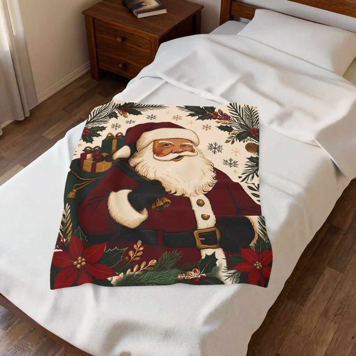 Vintage Santa Velveteen Plush Blanket — Retro Christmas Throw with Santa & Poinsettias