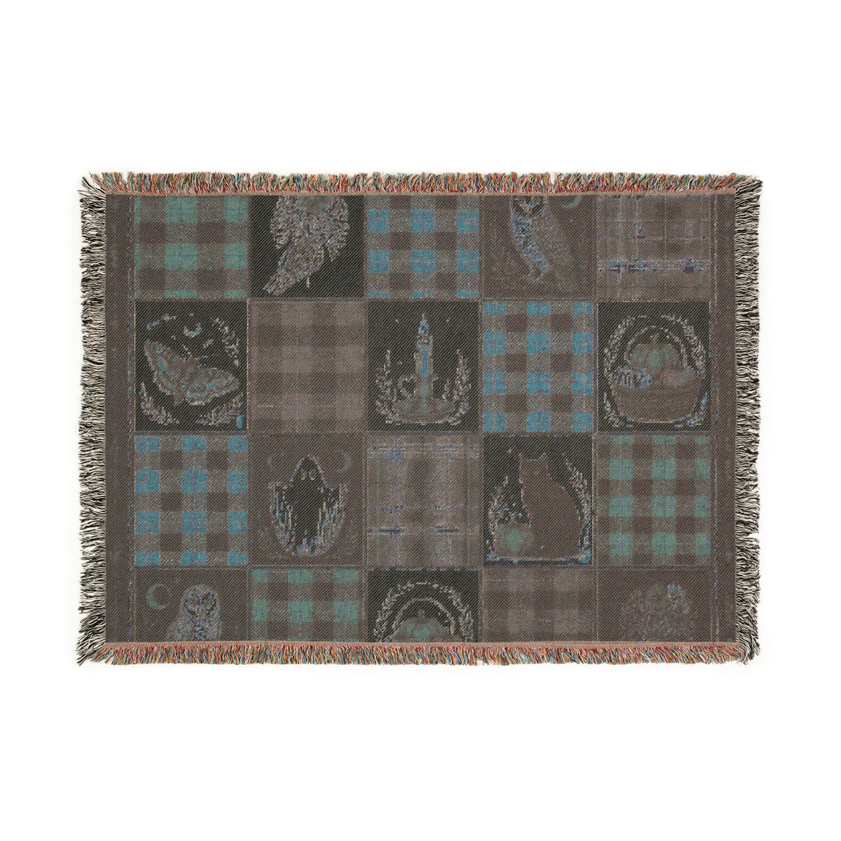 Rustic Halloween Patchwork Woven Blanket – Vintage Black Cat, Owl & Ghost Throw