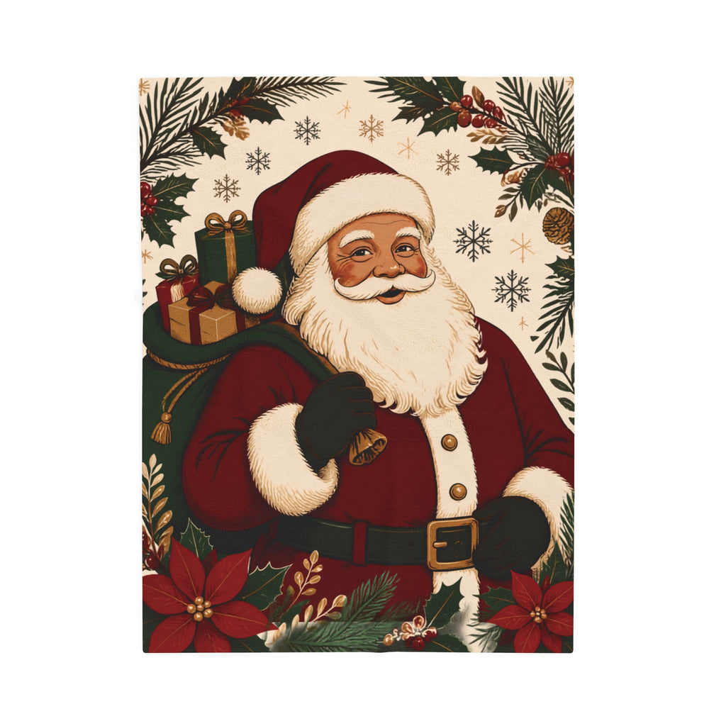 Vintage Santa Velveteen Plush Blanket — Retro Christmas Throw with Santa & Poinsettias