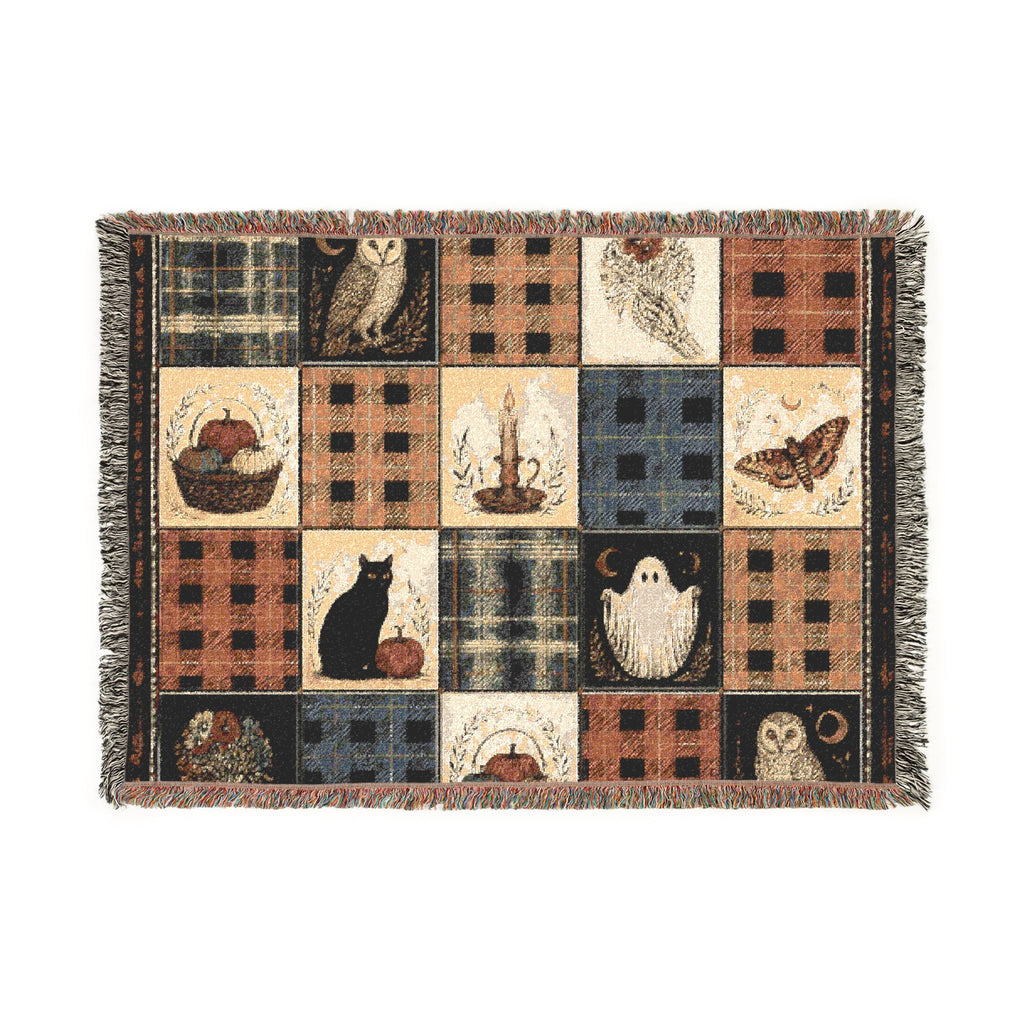 Rustic Halloween Patchwork Woven Blanket – Vintage Black Cat, Owl & Ghost Throw