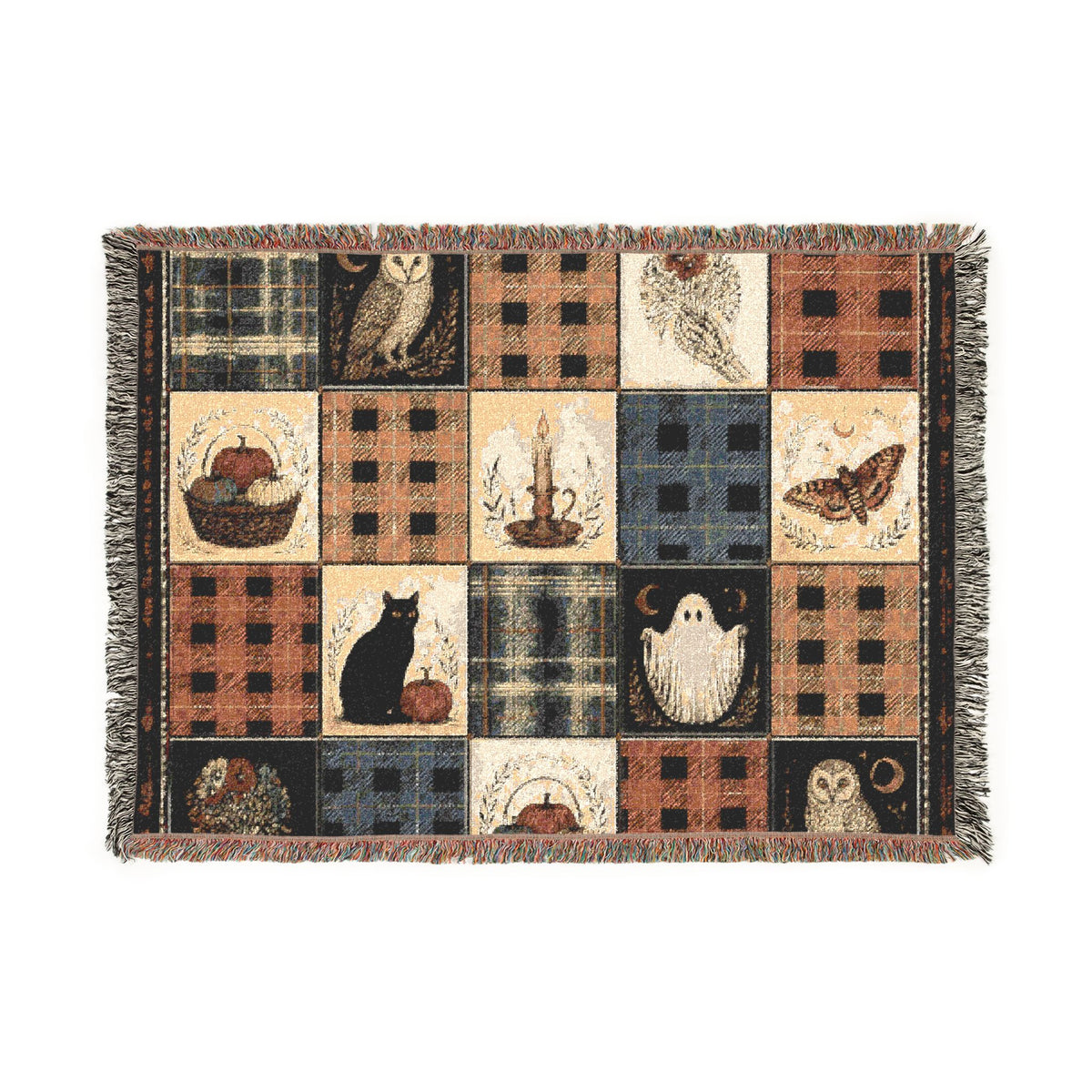 Rustic Halloween Patchwork Woven Blanket – Vintage Black Cat, Owl & Ghost Throw