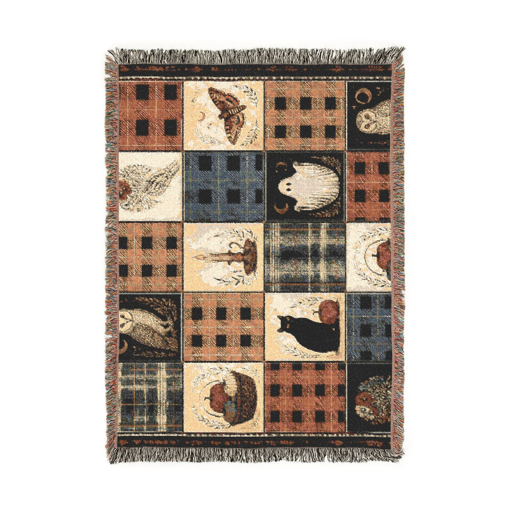 Rustic Halloween Patchwork Woven Blanket – Vintage Black Cat, Owl & Ghost Throw