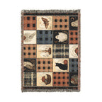 Rustic Halloween Patchwork Woven Blanket – Vintage Black Cat, Owl & Ghost Throw