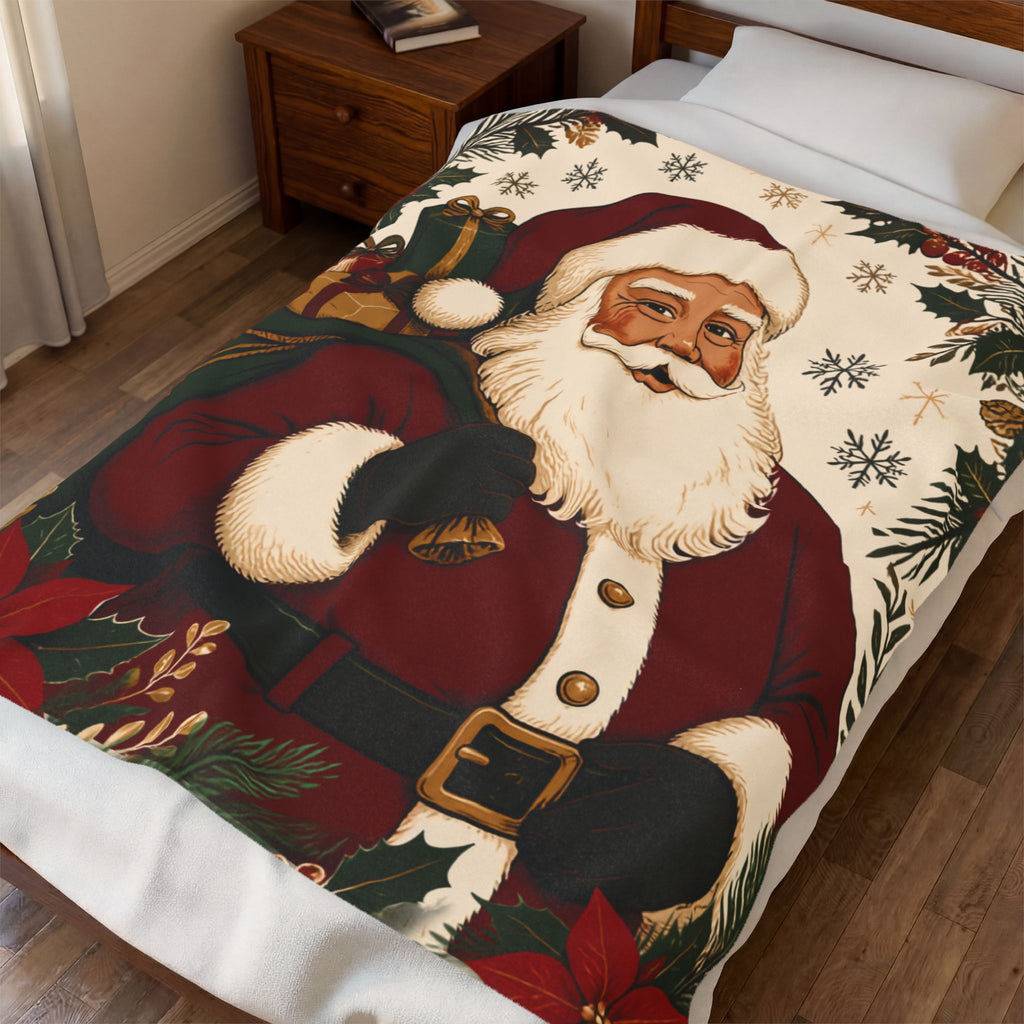 Vintage Santa Velveteen Plush Blanket — Retro Christmas Throw with Santa & Poinsettias