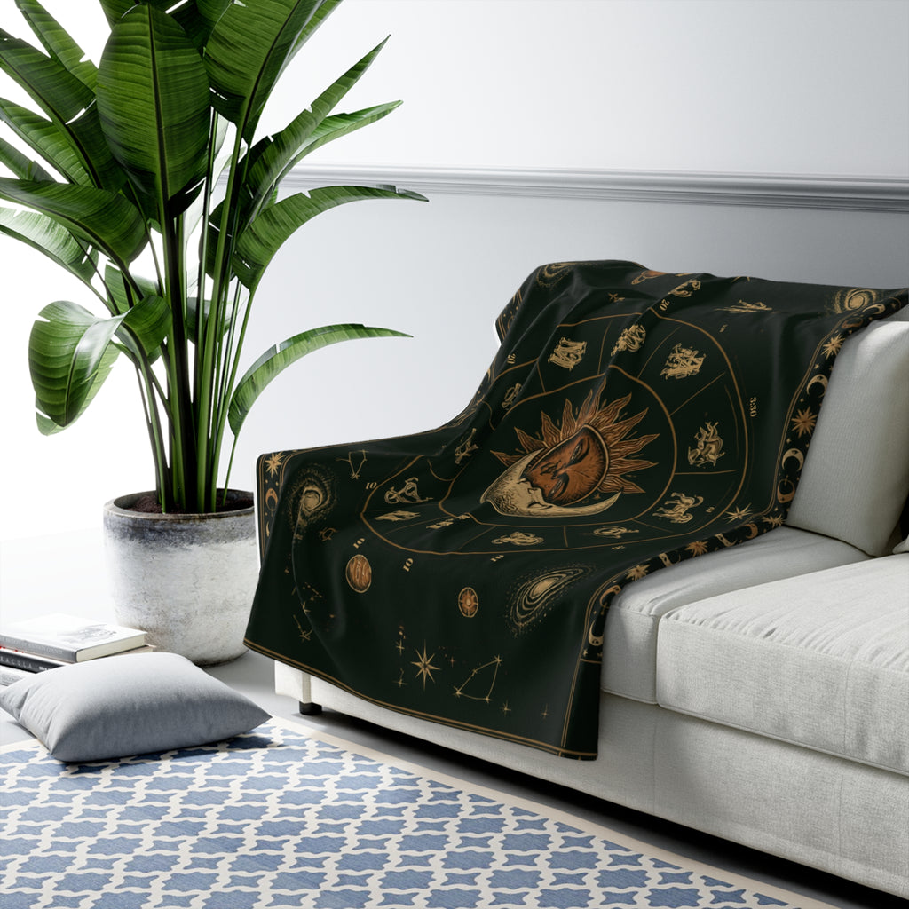 Celestial Nights Sherpa Blanket – Sun, Moon & Zodiac Fleece Throw
