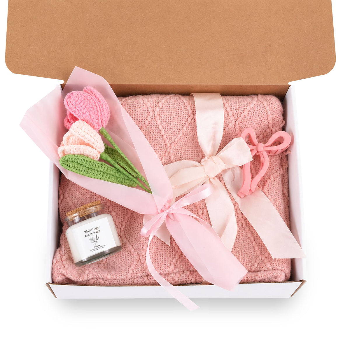 4-Piece Blush & Bloom Gift Set (Candle, Blanket, Crochet Bouquet, Bow Clip)
