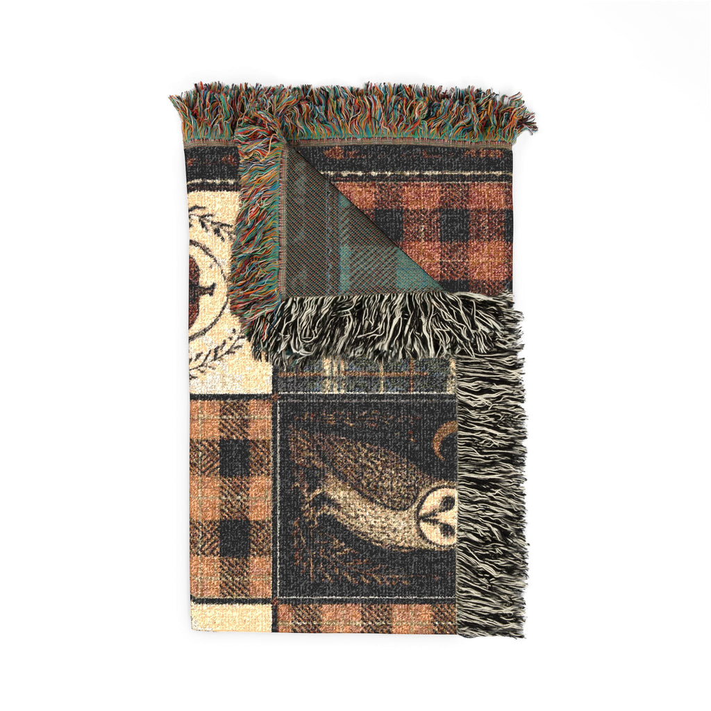 Rustic Halloween Patchwork Woven Blanket – Vintage Black Cat, Owl & Ghost Throw
