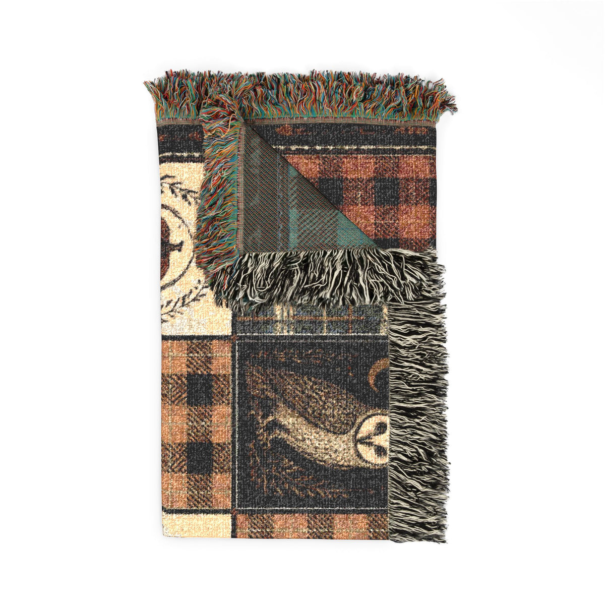 Rustic Halloween Patchwork Woven Blanket – Vintage Black Cat, Owl & Ghost Throw