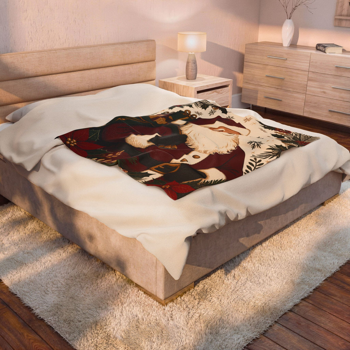 Vintage Santa Velveteen Plush Blanket — Retro Christmas Throw with Santa & Poinsettias