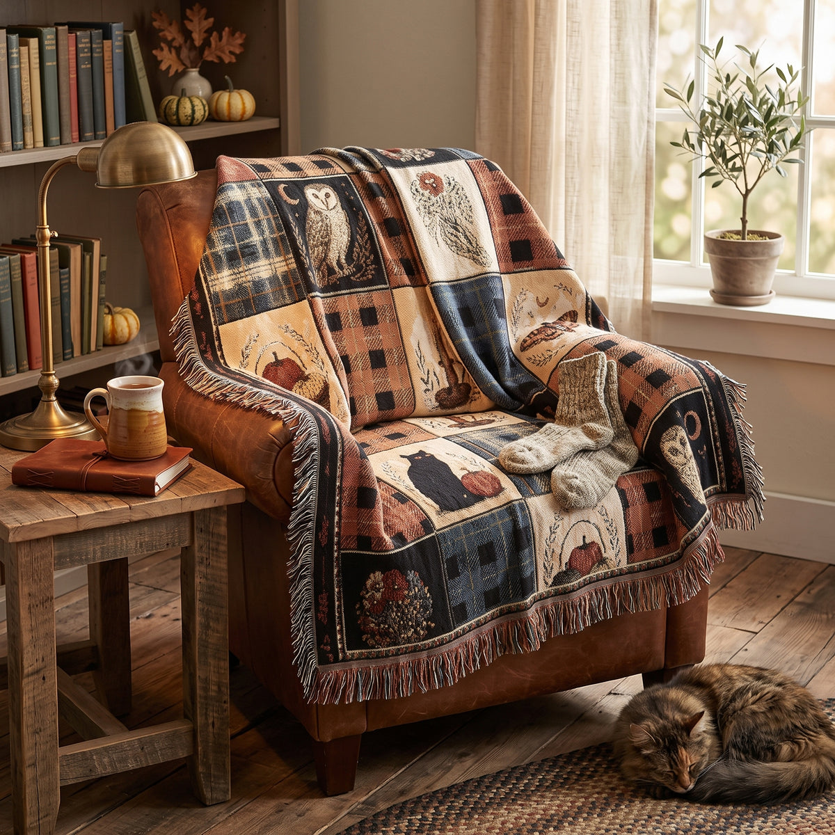 Rustic Halloween Patchwork Woven Blanket – Vintage Black Cat, Owl & Ghost Throw