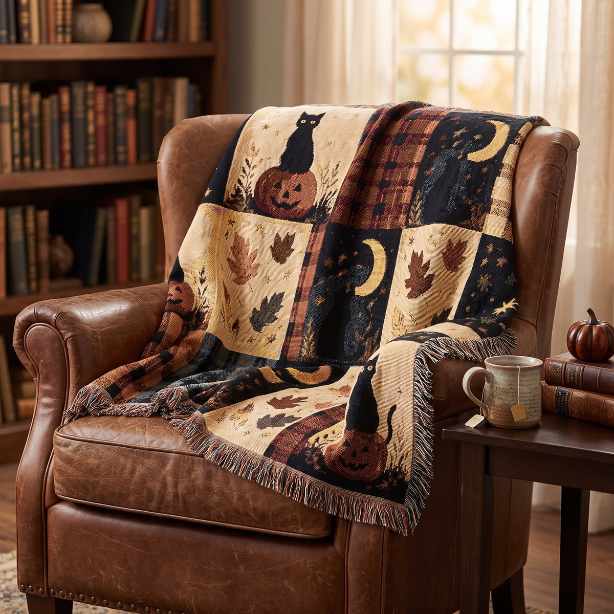 Autumn Moon Cat Woven Blanket