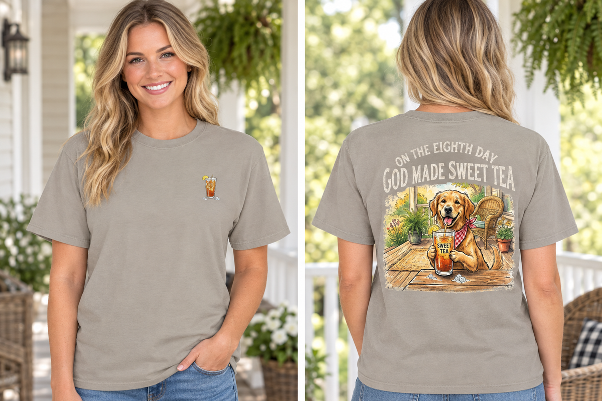 Gray-beige sweet tea tee, front and back model mockup